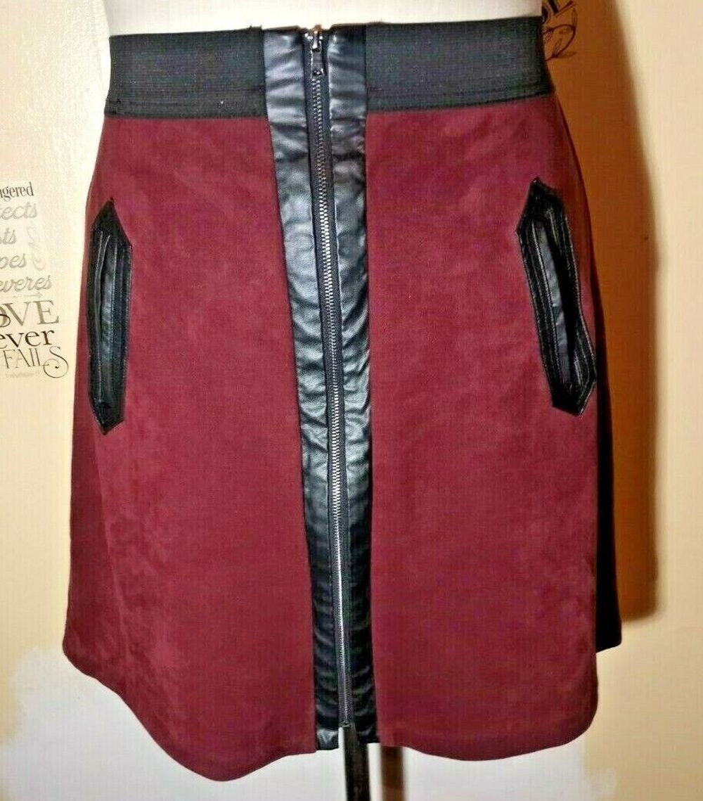 ECI NY Sz M A-Line Skirt Faux Burgundy Suede Black Faux Leather Trim Exp Zip